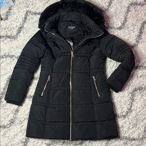 Guess Black Puffer Jacket with Fur Hood